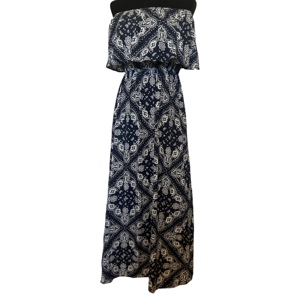 Yidarton Blue and White Bandana Print Off Shoulder Maxi Dress Size Large